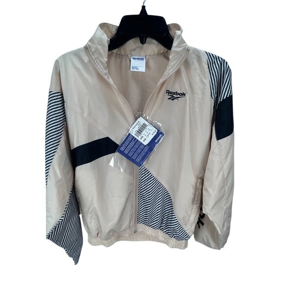 Reebok New Beige Black Collared Track Jacket With Graphic Design SZ 2XS Nylon Bl - Picture 3 of 10